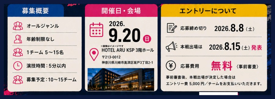募集概要 オールジャンル 年齢制限なし 1チーム5〜15名 演技時間5分以内 募集予定10〜15チーム/開催日 2026年9月20日(日) HOTEL ARU KSP 3階ホール/応募締め切り 2026年8月8日(土) 本戦出場は8月15日(土)発表