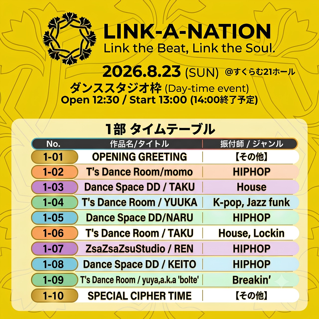 LINK-A-NATION vol.1 1部タイムテーブル 2026年8月23日(日) すくらむ21ホール Open 12:30 Start 13:00
