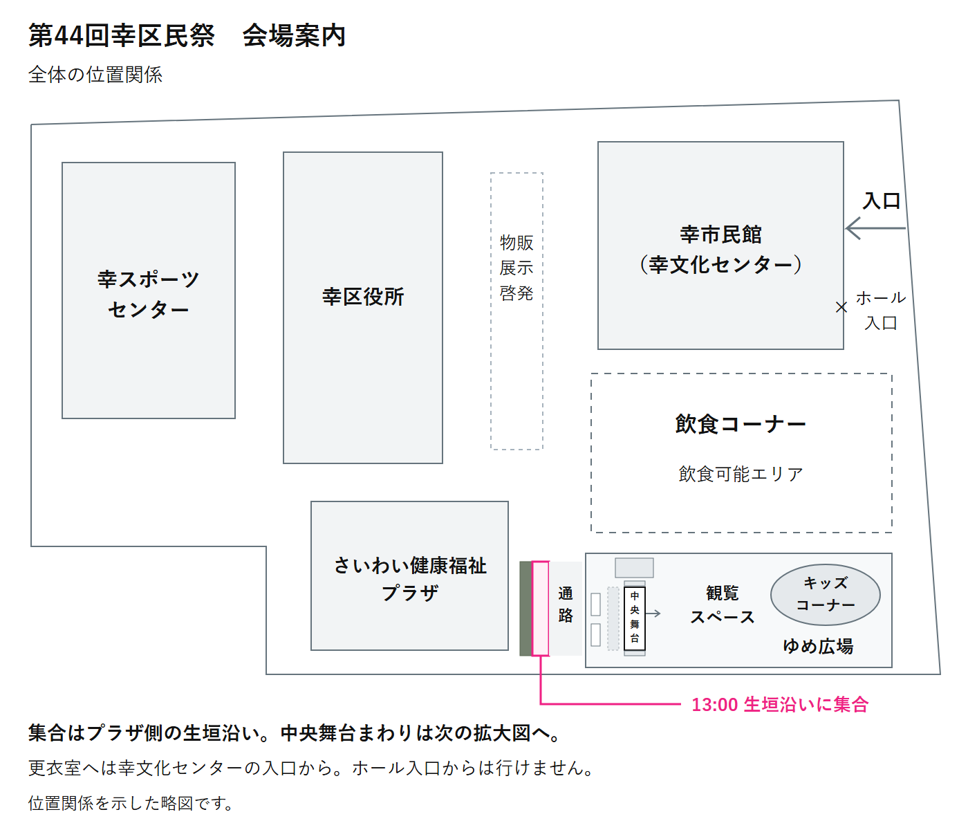 会場案内図。さいわい健康福祉プラザ側の生垣に接する左側約3分の1に寄って13:00集合。右側約3分の2は通路として空ける。舞台正面の観覧スペースは図の右側。