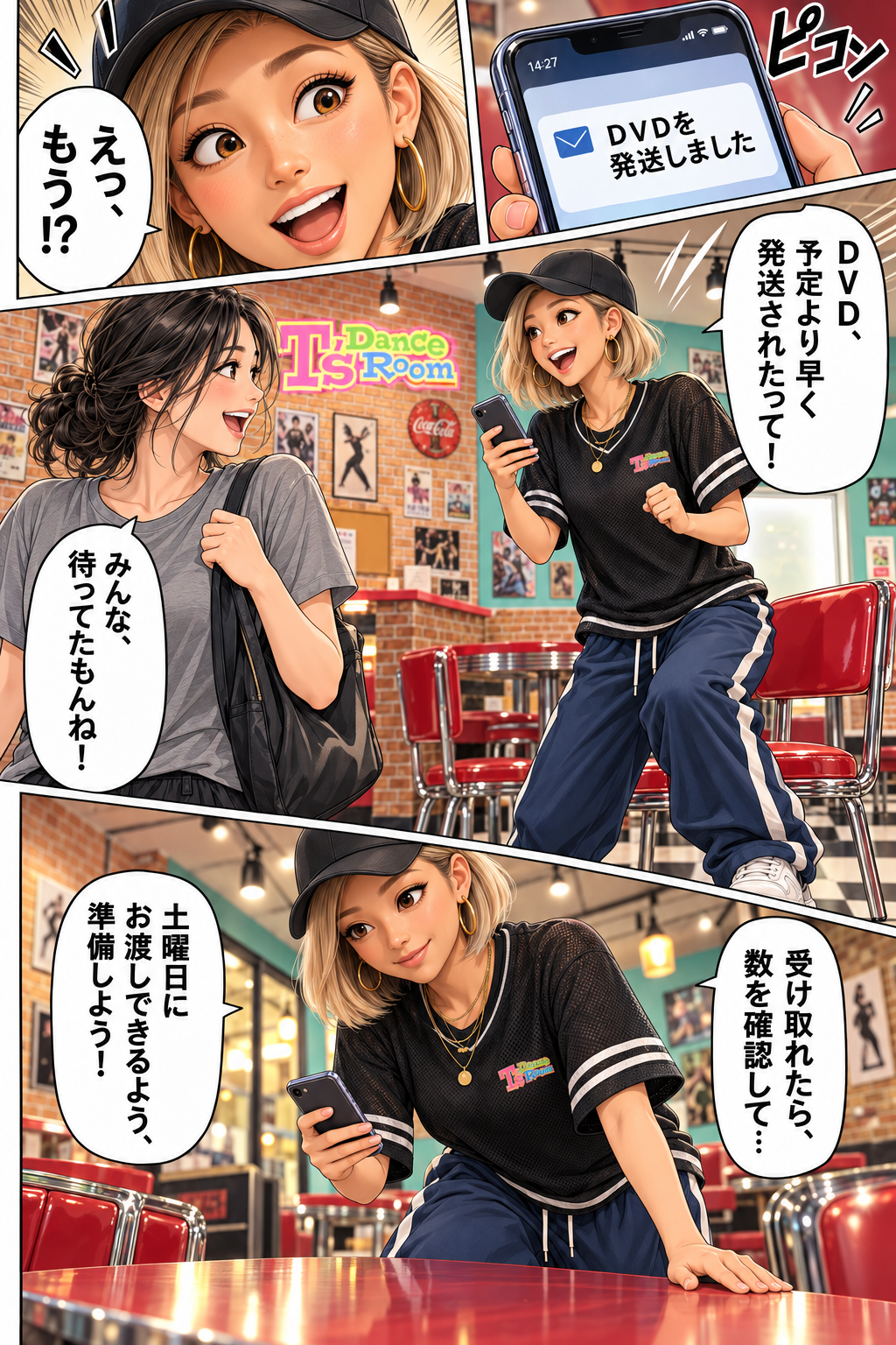 鹿島田Ｂスタジオのラウンジで、TAMMYのスマートフォンに「ＤＶＤを発送しました」という連絡が届きます。「えっ、もう!?」と驚くTAMMY。「ＤＶＤ、予定より早く発送されたって！」と会員様に伝えると、「みんな待ってたもんね！」と笑顔が返ります。TAMMYは「受け取れたら、数を確認して…」「土曜日にお渡しできるよう、準備しよう！」と動き出します。荷物はまだ受け取り前で、これから準備する場面です。