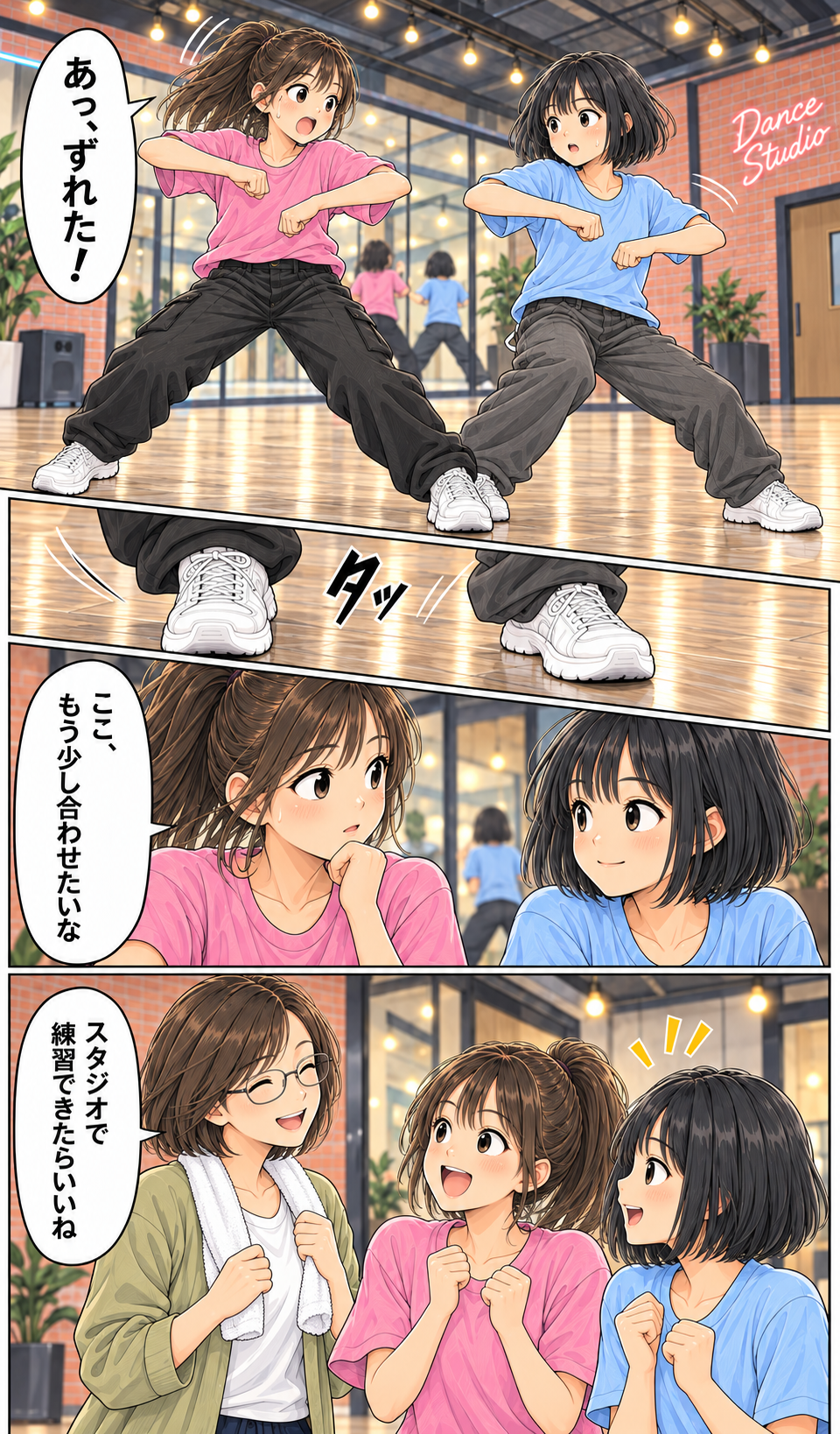 振りのタイミングがずれた女の子たちが、もう少し動きを合わせたいと話します。保護者もスタジオで練習できたらいいねと応じ、次の場面で自主練習の方法を聞きます。